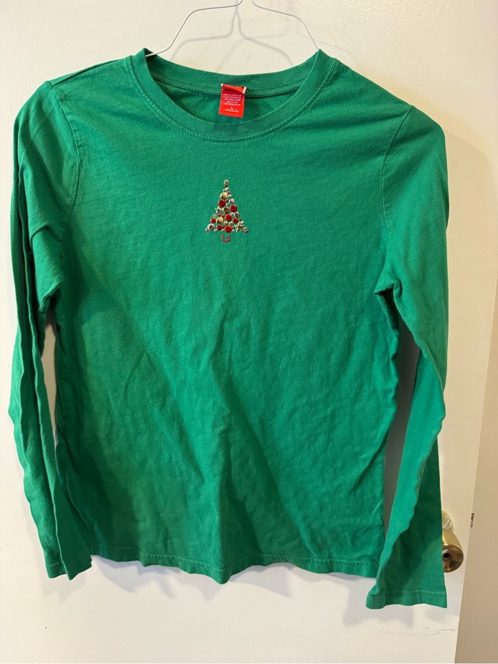 Women’s Green Christmas Tree Rhinestone Long Sleeve Shirt Size Large Holiday Top